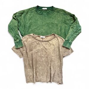 Zenana Bundle Cropped Green Acid Wash Pullover and Acid Washed Oversized Tee